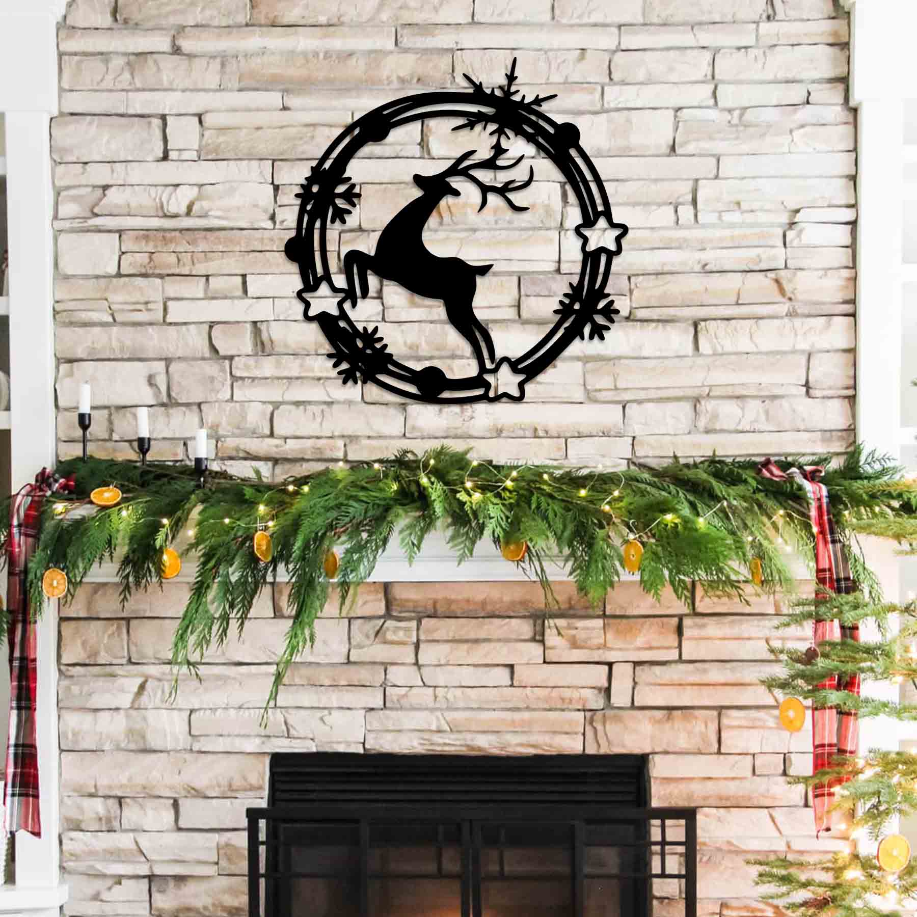 Christmas Wreath Reindeer Metal Wall Decor