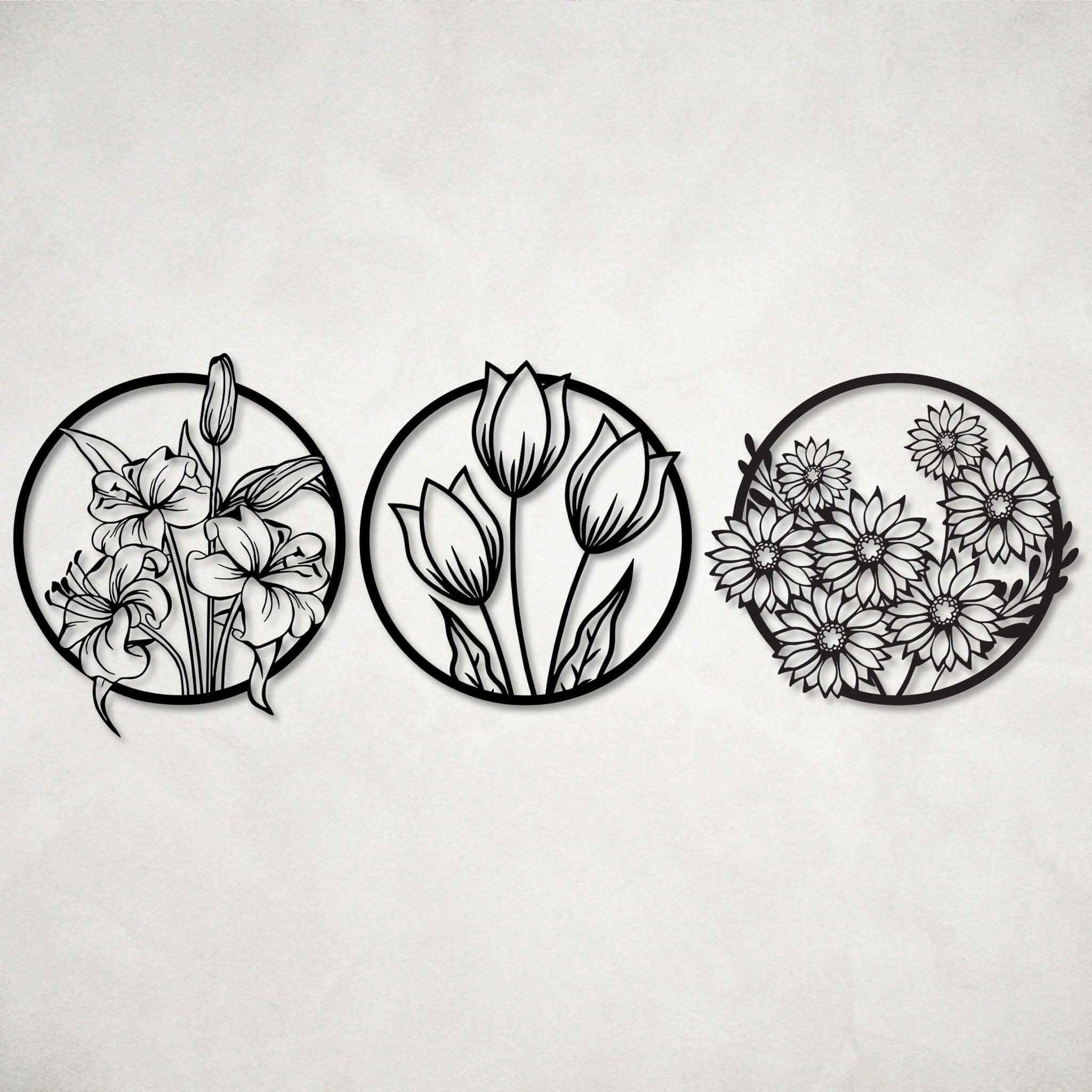 Three Flowers Metal Wall Art Set