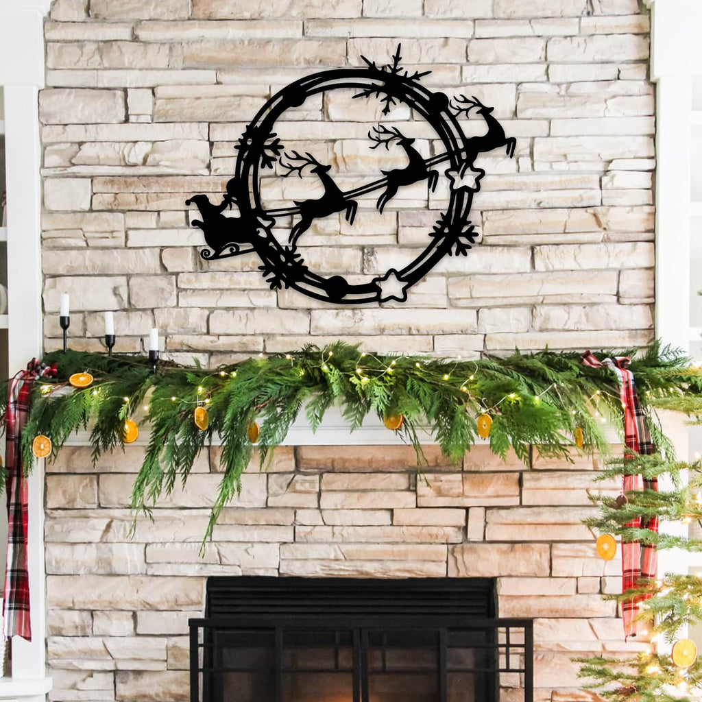 Christmas Wreath Santa Sleigh Metal Wall Decor