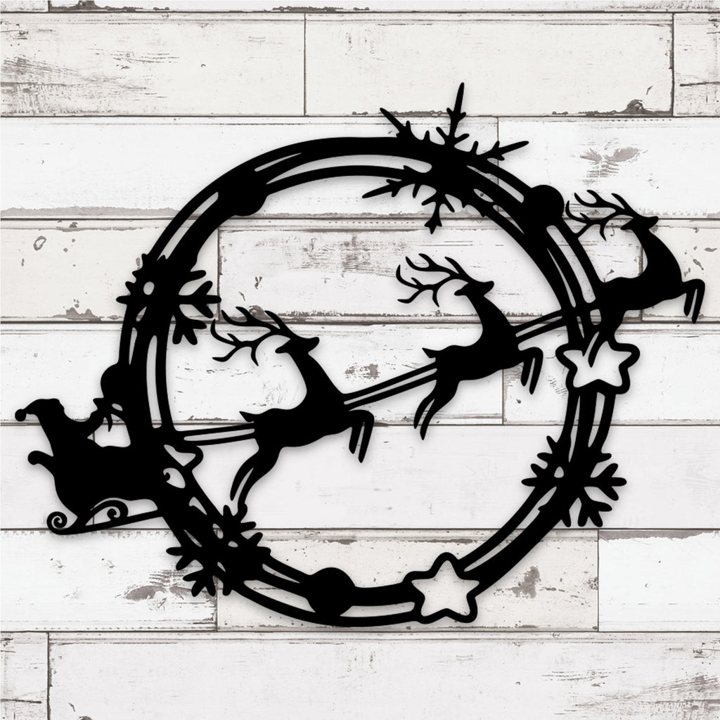 Christmas Wreath Santa Sleigh Metal Wall Decor