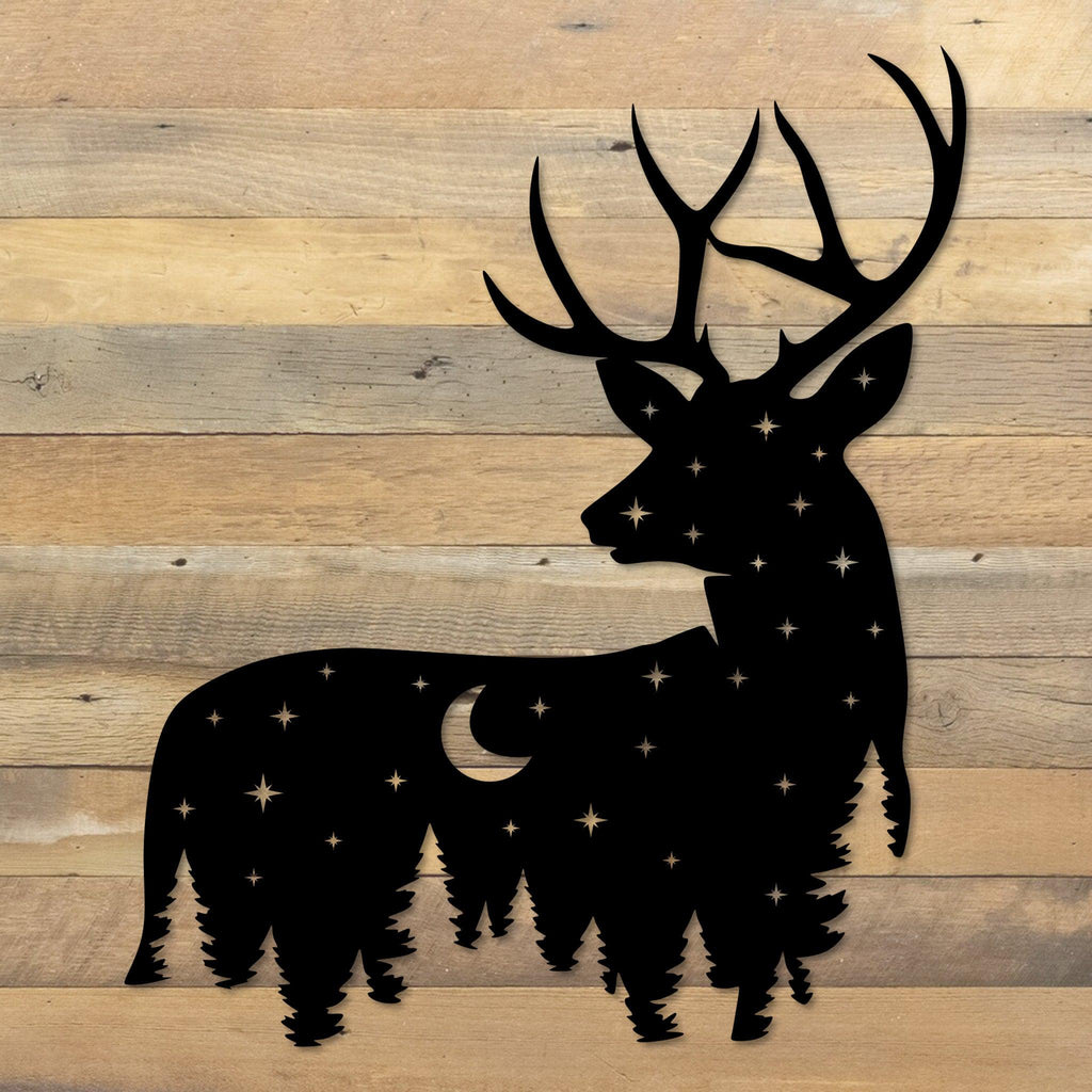 Metal Deer Art with Night Sky Scene