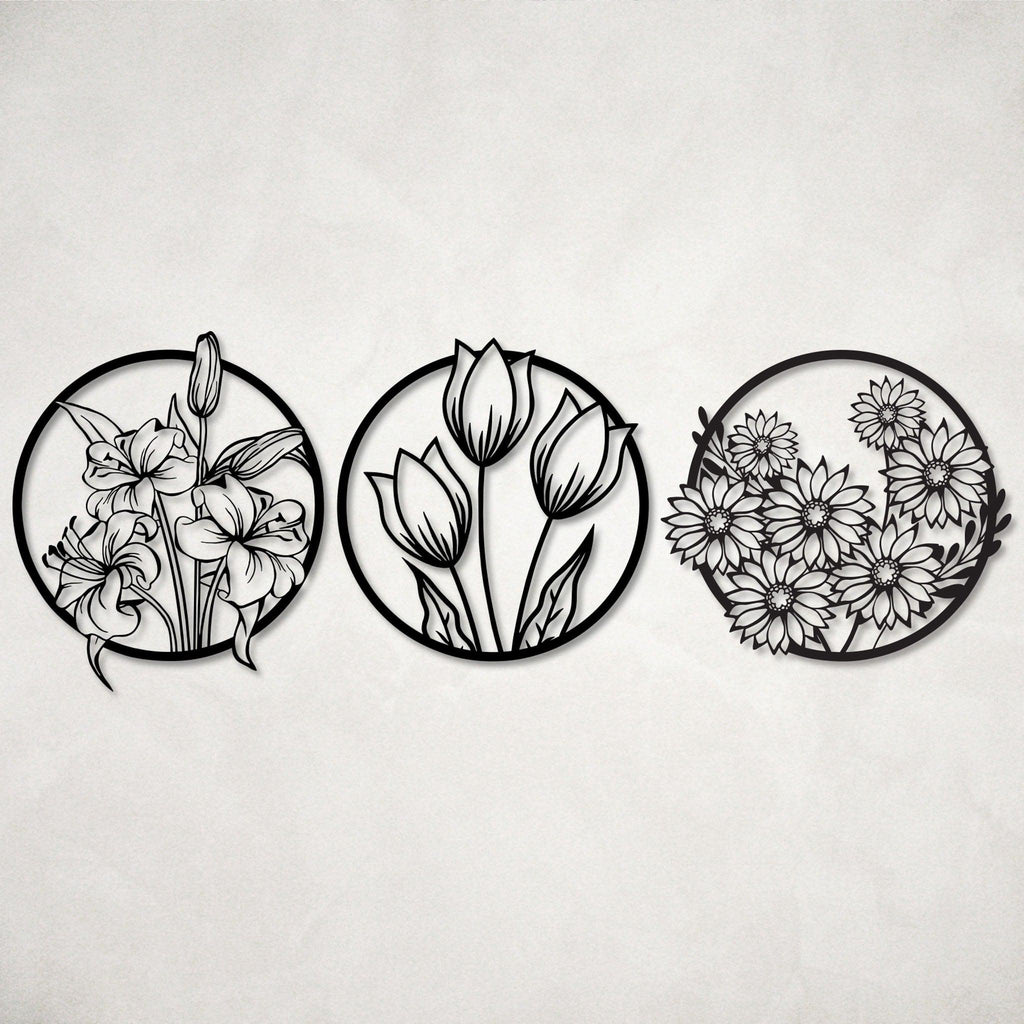 Three Flowers Metal Wall Art Set
